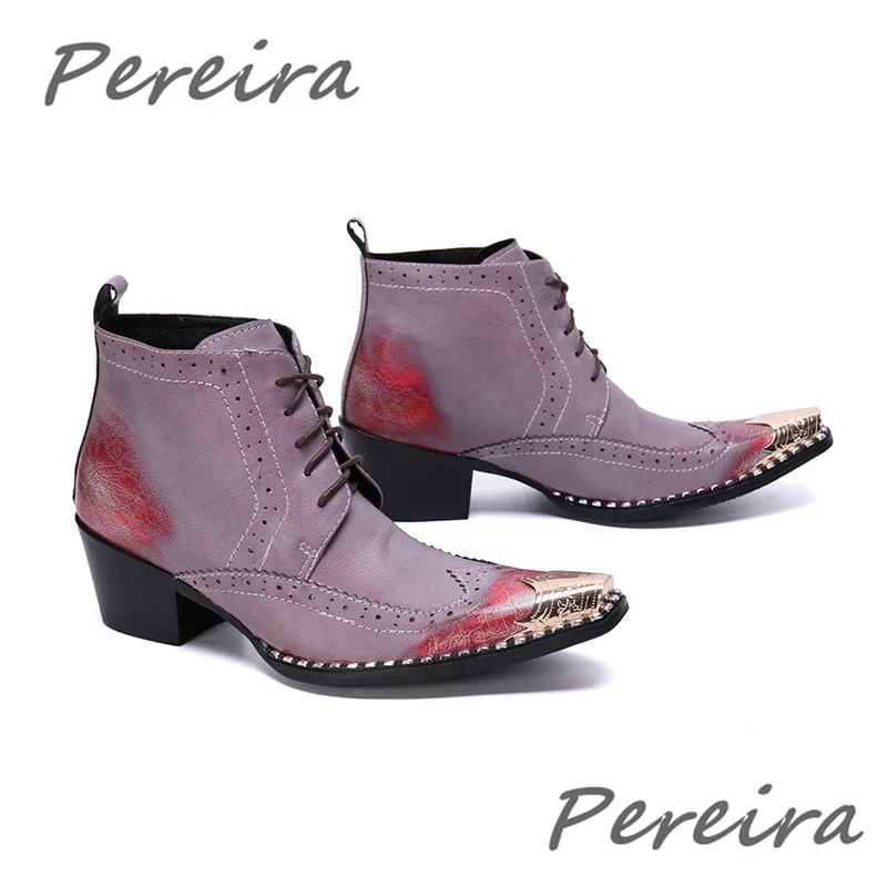 

Metal Pointed Toe Chelsea Boots Men's Retro Mixed Colors Lace-Up High Heels Short Boots Party Wedding Business Casual Shoes