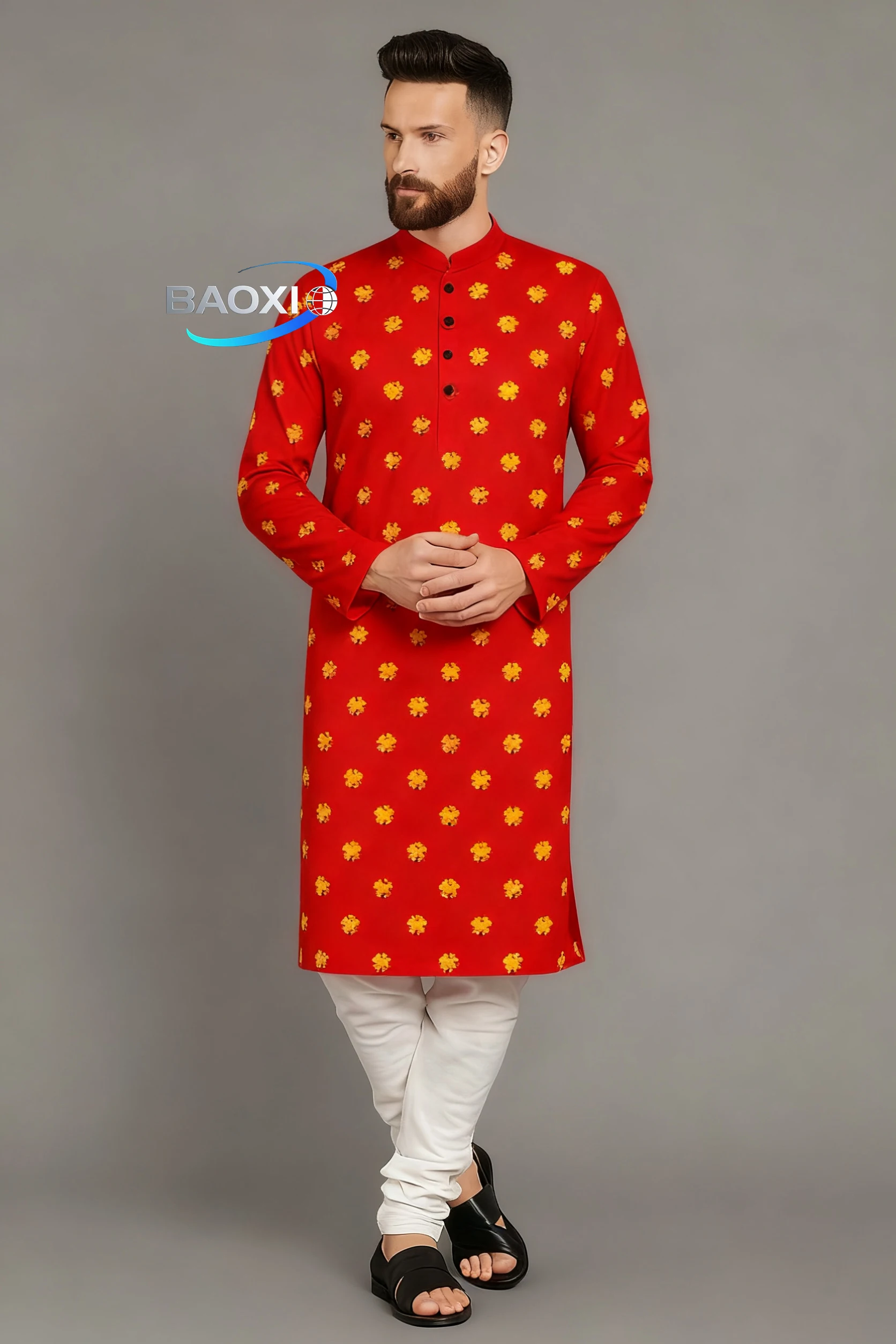 2025 Abito lungo da uomo con motivo stampato kurtaasuha, vestibilità comoda e alla moda, adatto a tutte le occasioni