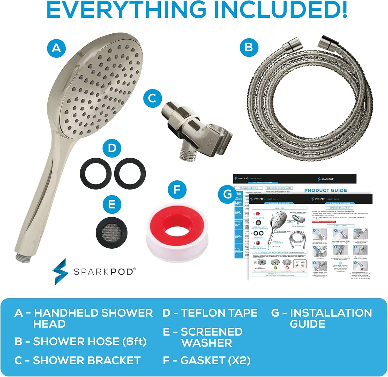 6-Inch High Pressure Handower Head with Hose - Elegant Brushed Nickel Finish