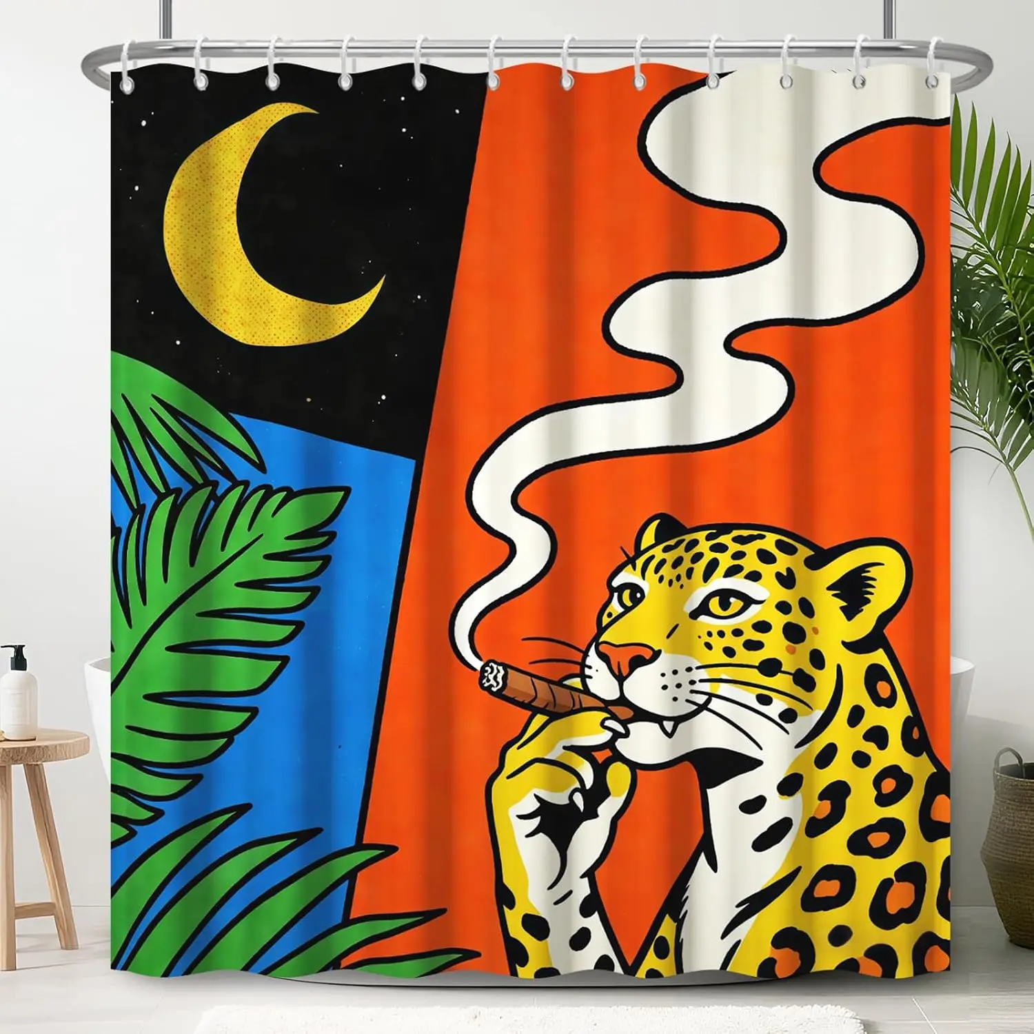 Pop Art Leopard Shower Curtain, Cool Smoking Jaguar Moon Palm Leaf Bold Color Block Retro Graffiti Art Waterproof Bath Curtain
