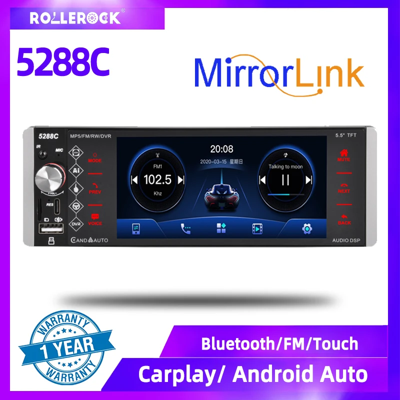 

5,5-дюймовый 1-DIN автомобильный MP5-плеер с беспроводным CarPlay, Android Auto, IPS-экраном, Bluetooth и FM-радио
