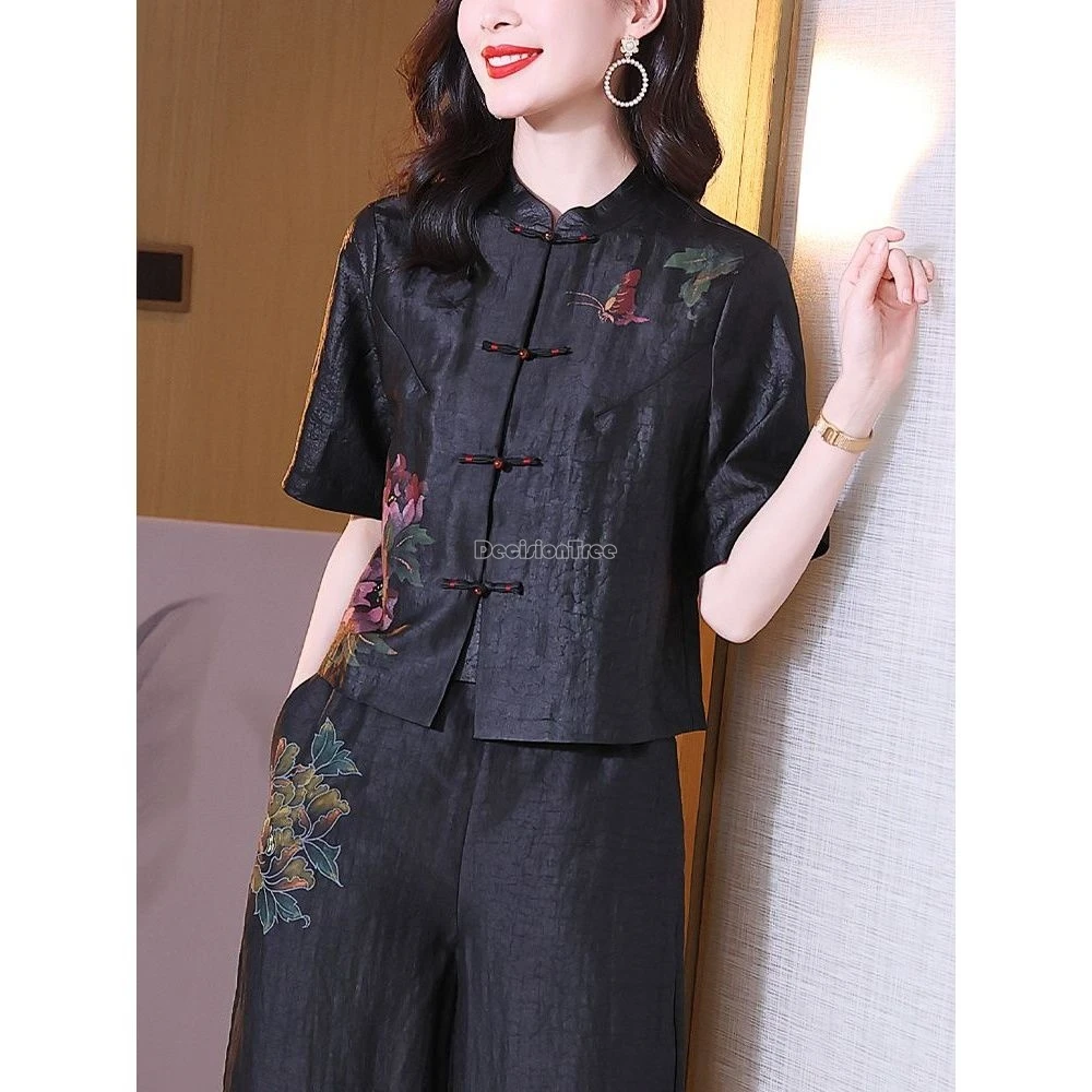 2026 summer chinese retro loose style printed short-sleeved cheongsam button tang suit top short pants 2 piece loose daily set