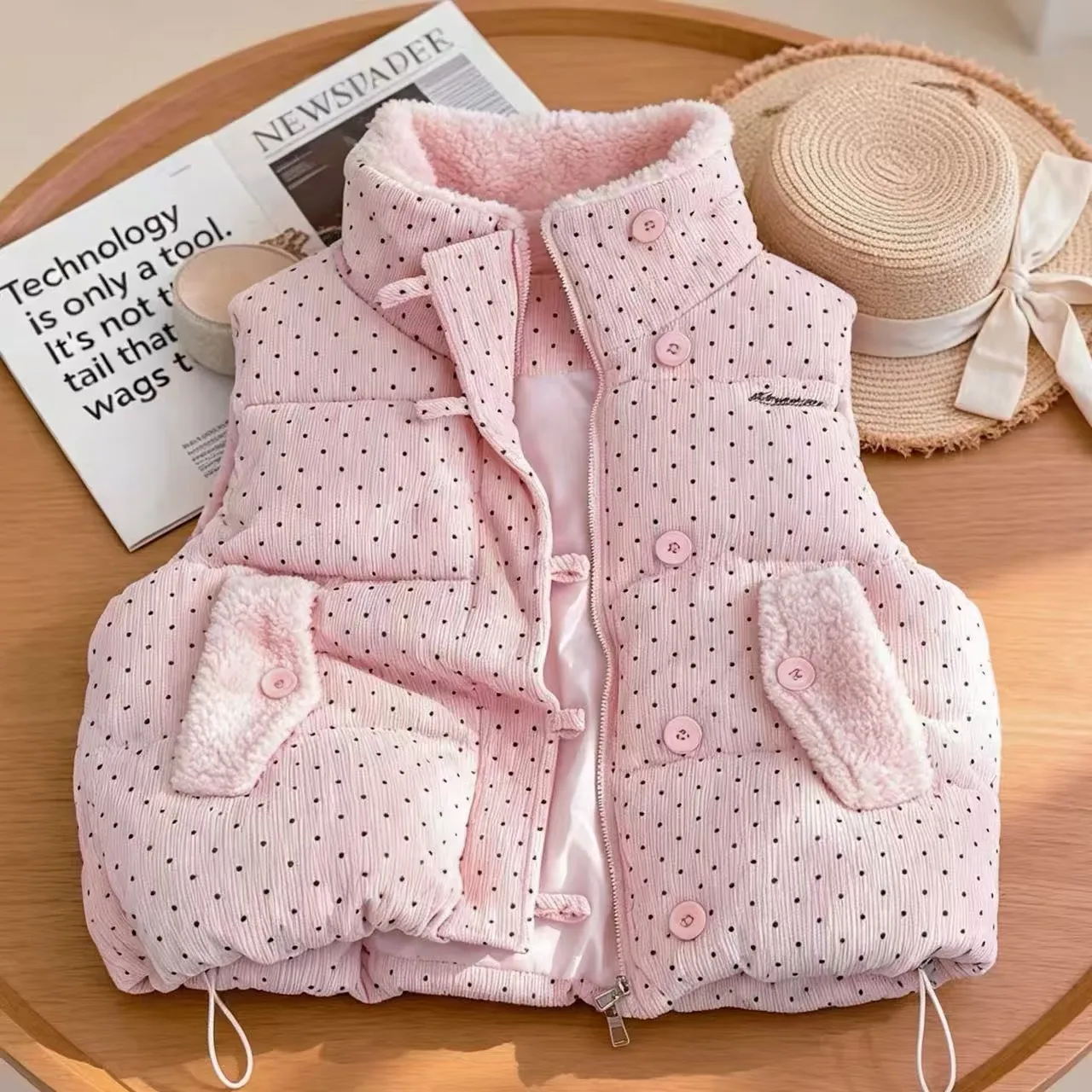 Fall Winter Korean Versatile Sweet Polka Dot Parkas Vest Petite Japanese Warm Fashion Sleeveless Casual Cozy Trendy Soft New