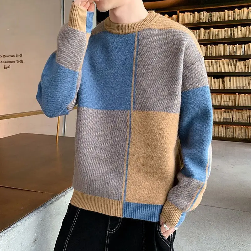 Fashion O-Neck Spliced Knitted All-match Color Sweater Men's Clothing 2022 Autumn New Casual Pullovers Loose Korean Warm Tops