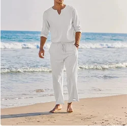 Casual two-piece Men's Fashion Loose V-neck long sleeve top and pant suit men's beach style clothing summer