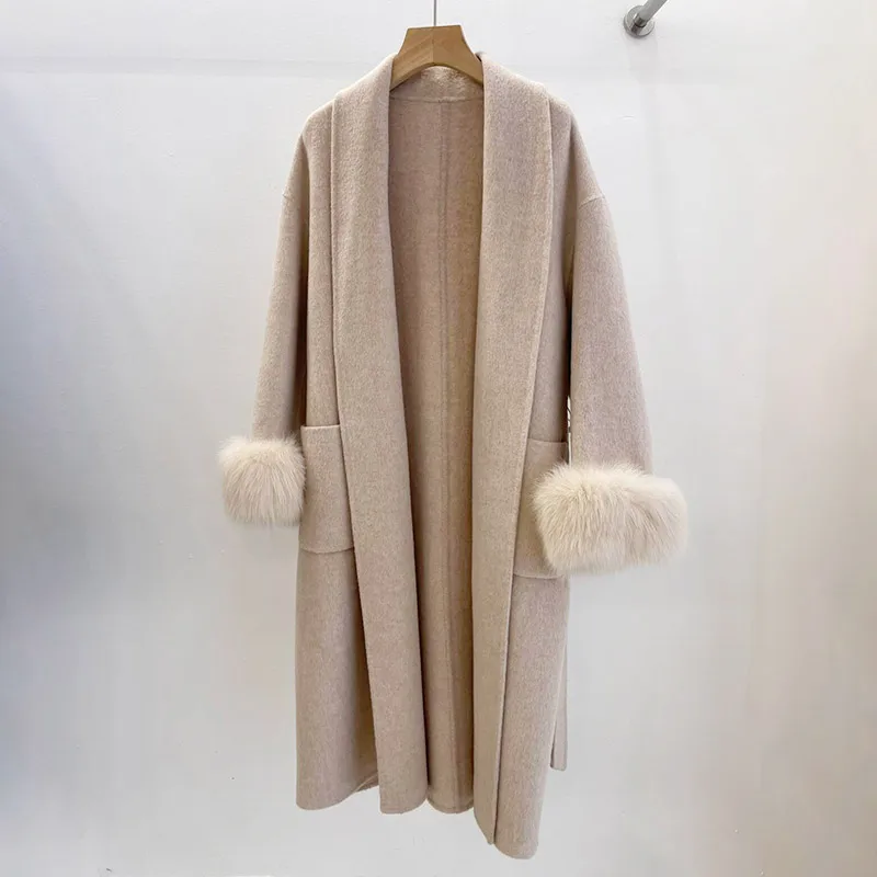 Women's Cashmere Wool Coats 2024 New Arrivals Real Fox Fur Cuff Oversized Trench Coat With Belt