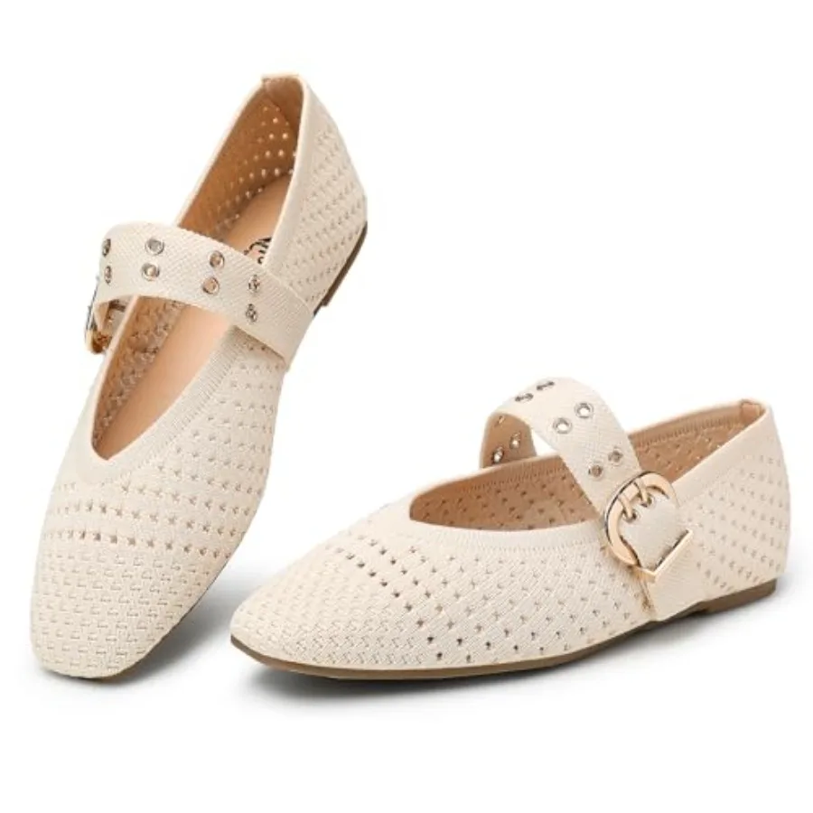 

Trary Knit Flats for Women Square Toe Ballet Flats with Buckle Straps Mary Jane Shoes Women Comfortable Casual Dress Shoes for