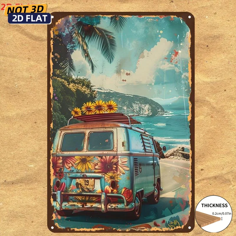 2D Flat, Two-dimensional Plane, 1pc, Vintage Nostalgic Surf Station Wagon Road Trip Poster Wooden Sign, Pre-drilled Holes, Suita