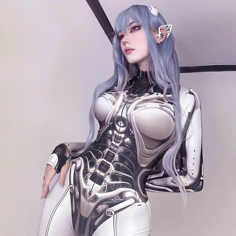 

Goth Dark 3D Printed Cosplay Bodycon Jumpsuits Y2k Techwear Long Sleeve Gothic Punk Playsuits Anime Women Mock Neck Zip Bodysuit