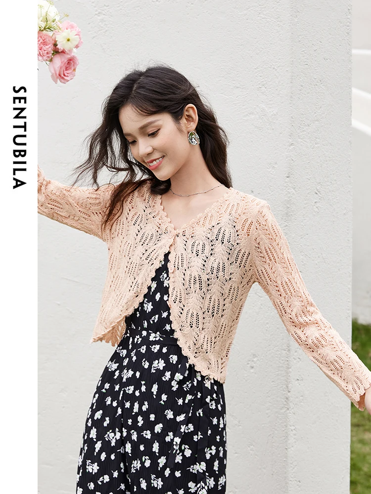 

SENTUBILA Hollow Out Cropped Knit Cardigans Women Long Sleeve Knit Tops 2024 Spring Summer Elegant Ladies Knitwear W42W55526