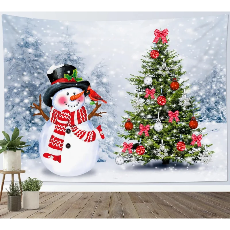 

Christmas snowman and snow pine forest tapestry wall hanging pine tree living room bedroom decoration