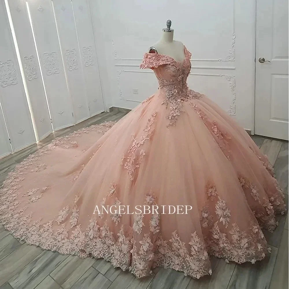 Vestidos De Quinceañera De princesa Rosa rubor, vestido De baile 3D Floral, dulce vestido De baile De graduación De cumpleaños para niñas De 15 años