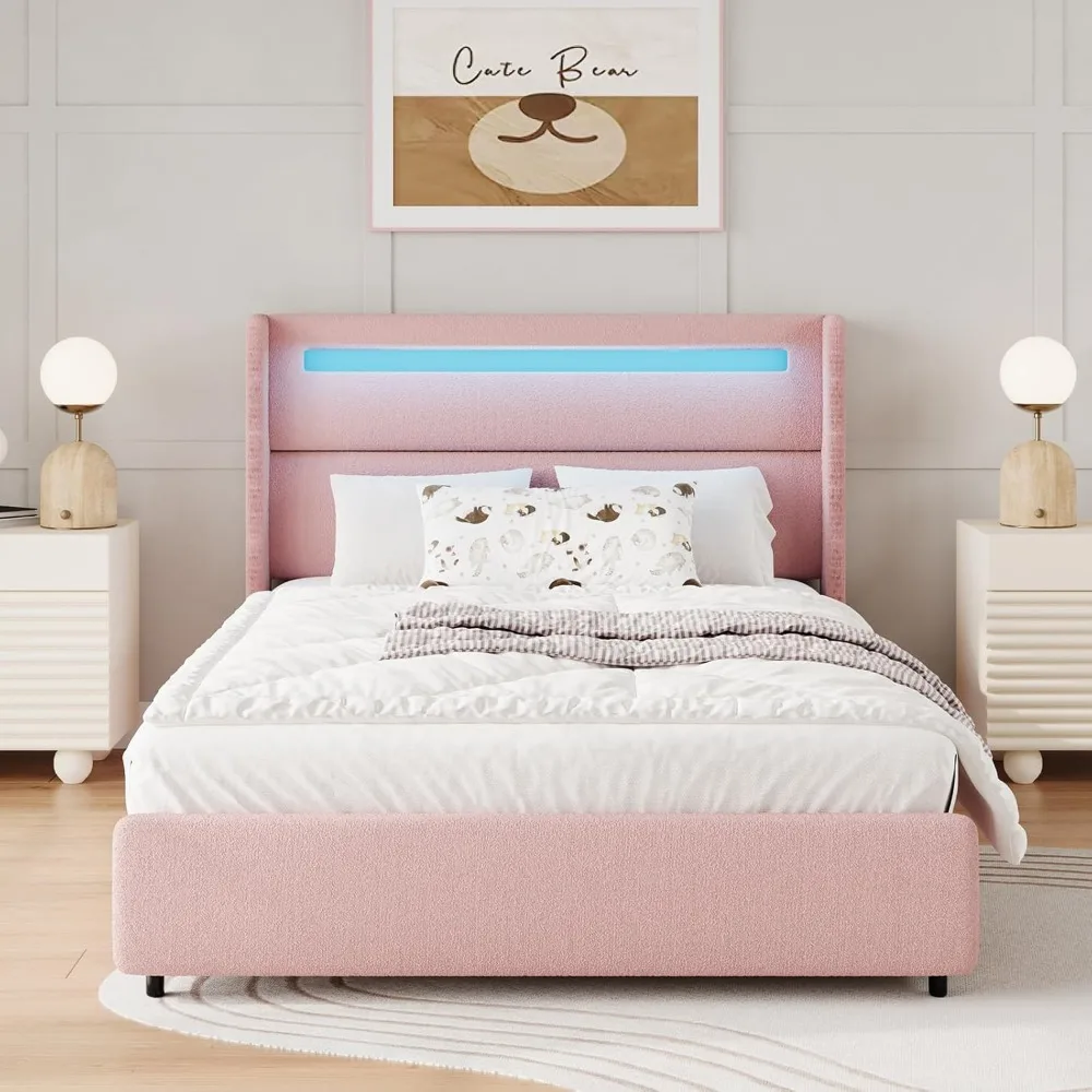 Estruturas de cama de solteiro com cabeceira e luzes LED, cama de plataforma estofada Boucle com design Wingback, estrutura de cama macia moderna