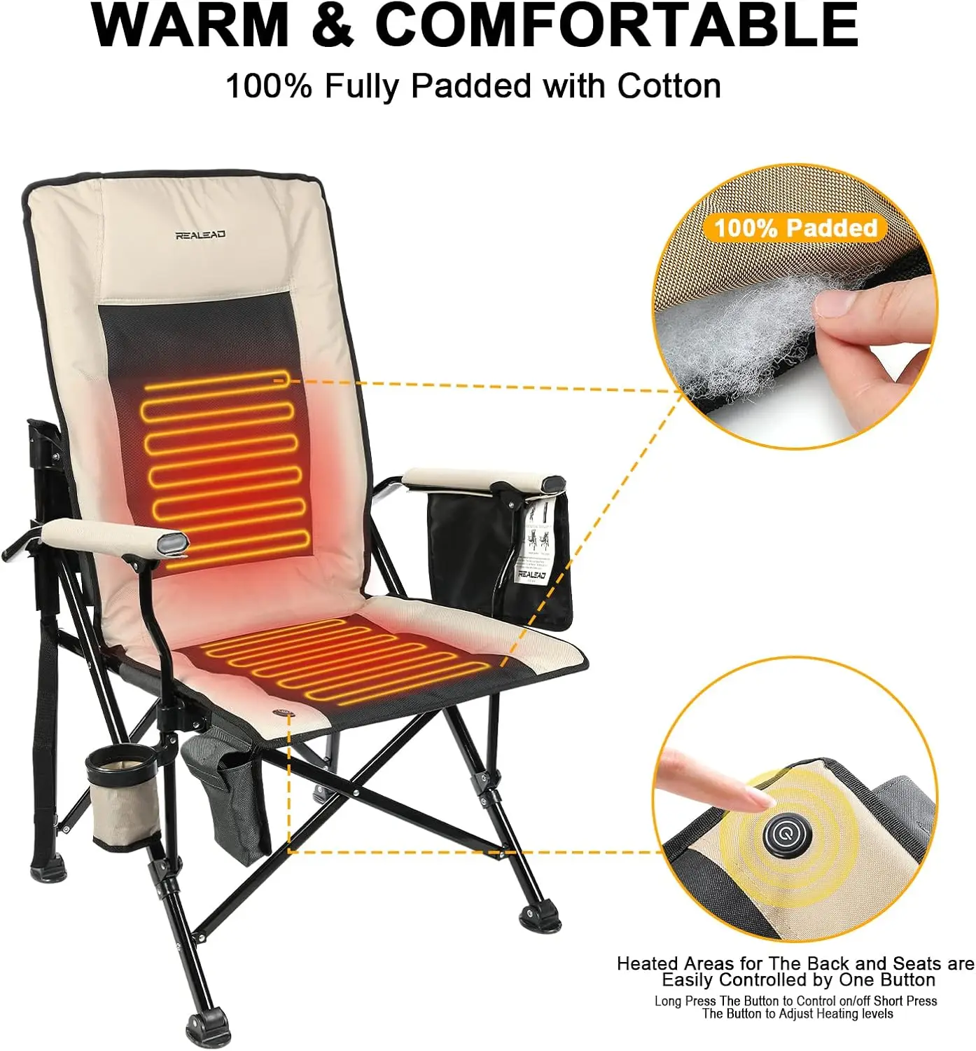 Heated Camping Chairs - Fully Padded - Heated Folding Chairs for Outdoor Sports - Supports 400 lbs - Portable Heated Outdoor Cam