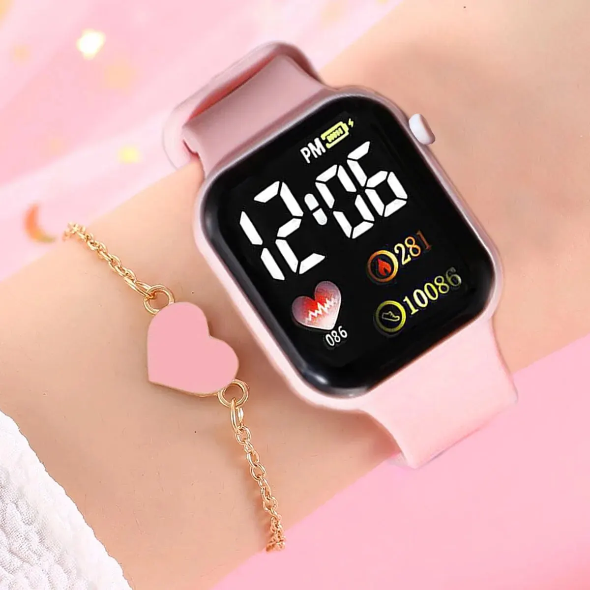 Montre électronique LED en silicone rose Love pour femme, ensemble de bracelets en cristal Nairobi Orn, cadeau exclusif pour la journée de l\'Alter,