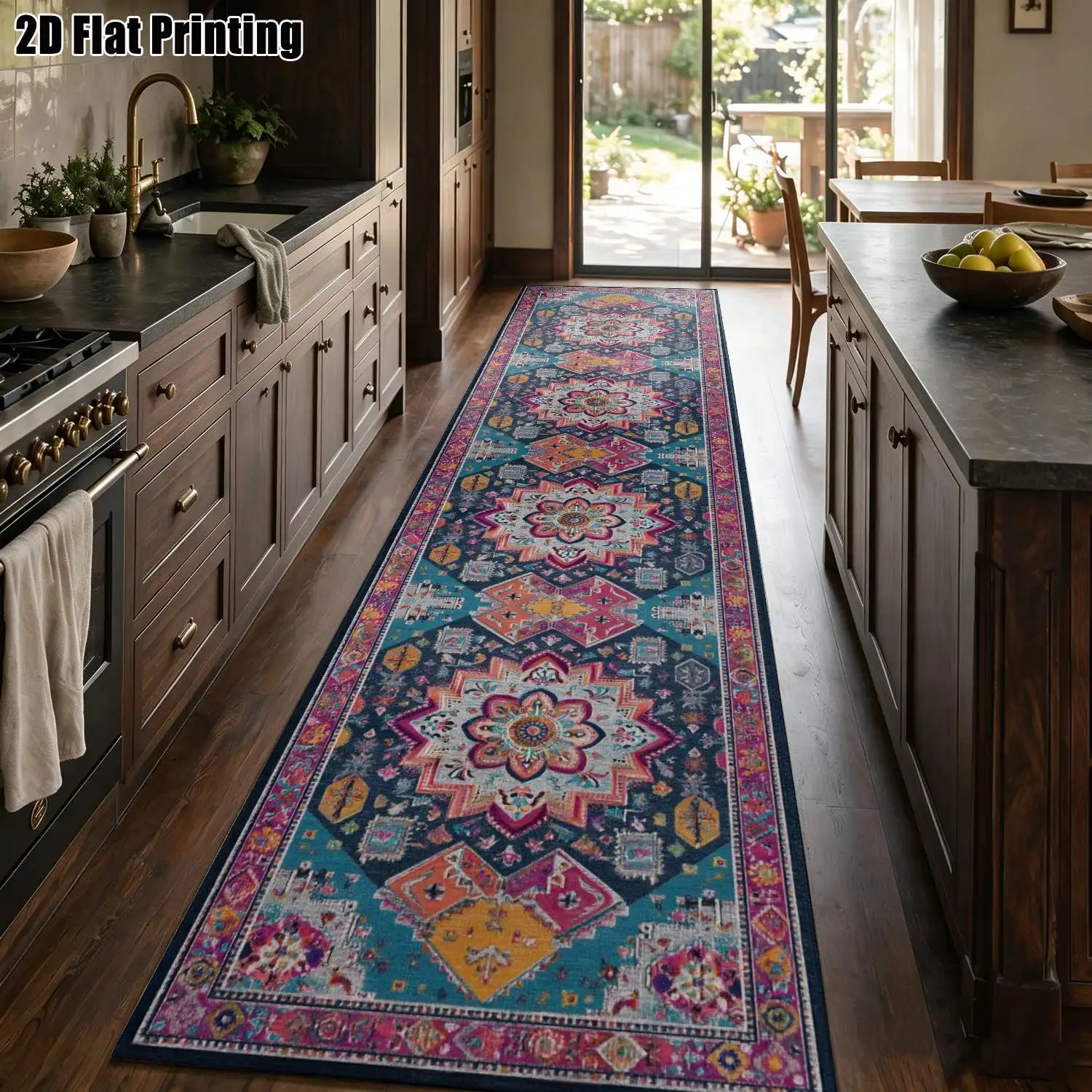 1Pc 2D Printed Long Strip Runner Rug: Blue-Pink Geometric Floral, Bohemian/Retro European Style, Machine Washable, Multi-Size, Ideal for Entryway, Hallway, Living Room, Bedroom Home Decor