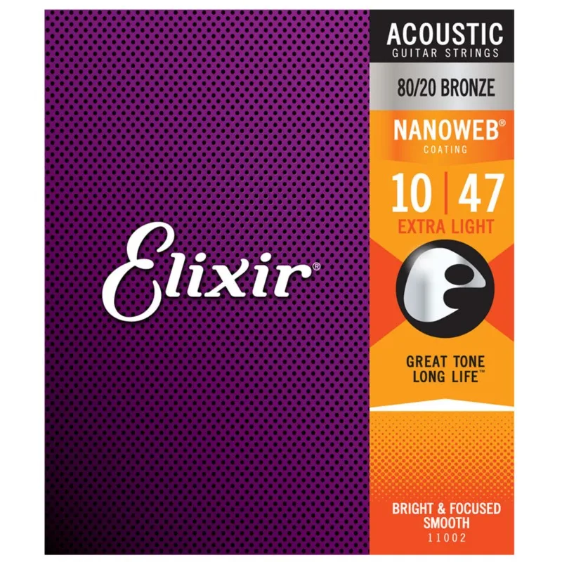 Elixir Acoustic Guitar Strings 11002 NANOWEB® Ultra Thin Laminate Anti-Rust 80/20 Brass .010 .014 .023 .030 .039 .047