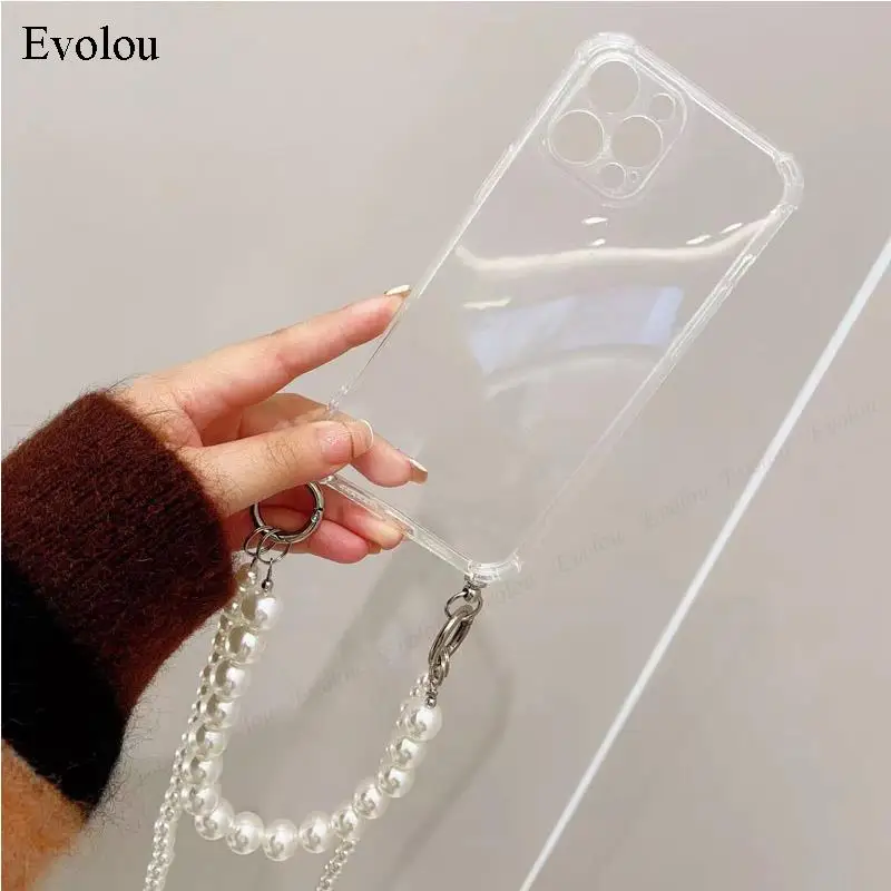 Per P60 Pro P60 Art Pearl Chain Crossbody Lanyard custodia per telefono per Huawei P50 Pro P40 Lite P30 P20 Cover posteriore in TPU trasparente