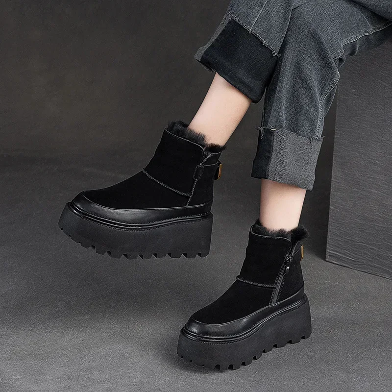 Koznoy 6cm Cow Suede Genuine Leather Autumn Platform Wedge Warm Snow Ankle Boots Winter Women Plush Comfy Spring Booties Shoes