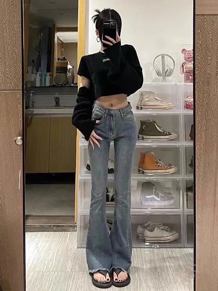 

American Retro High Waist Slimming Skinny Jeans Women's Spring Autumn Bell Bottoms Long Cotton Stretch Denim Floor Length