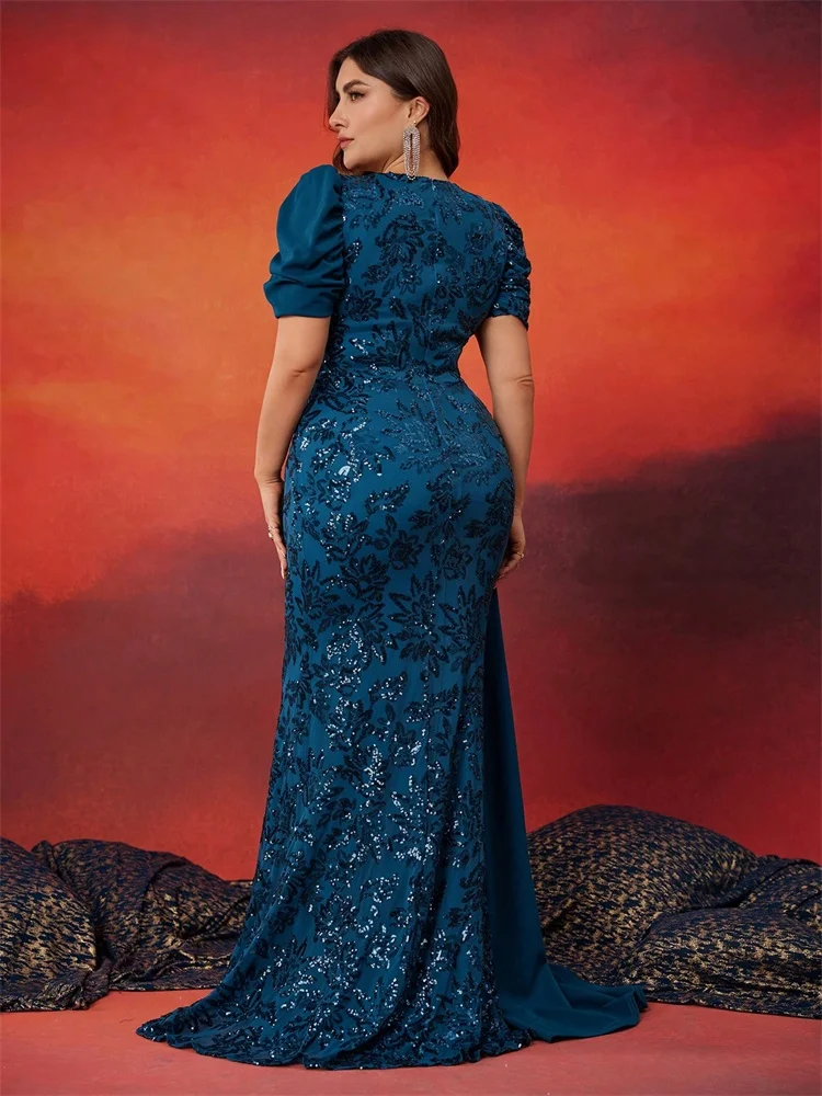 BLUEPLUM-Robe de Soirée à Paillettes pour Femme, Col en V, Manches Courtes, Sirène, Formelle, Luxe, ix, Bal, Élégant, Grande Taille