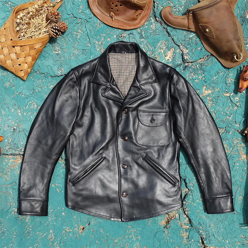 

Мужская кожаная куртка-косуха из натуральной кожи, повседневная, с длинными рукавами, ветрозащитная, на одной пуговице, с классическим воротником, в угловом стиле