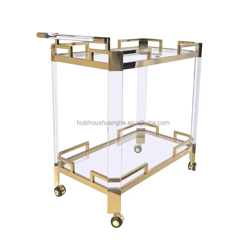 Factory Wholesale 2-Layer Stainless Steel Acrylic Service Trolley Gold Car 2-Level Restaurant Bar Dining Kitchen Living Room