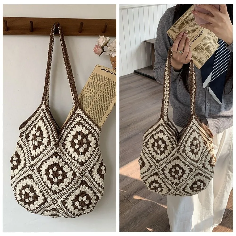 Simple Bohemian Crochet Tote Bag Large Capacity Hollowed Out Weave Bag Ethnic Style Handbag Beach Shoulder Bag Beach
