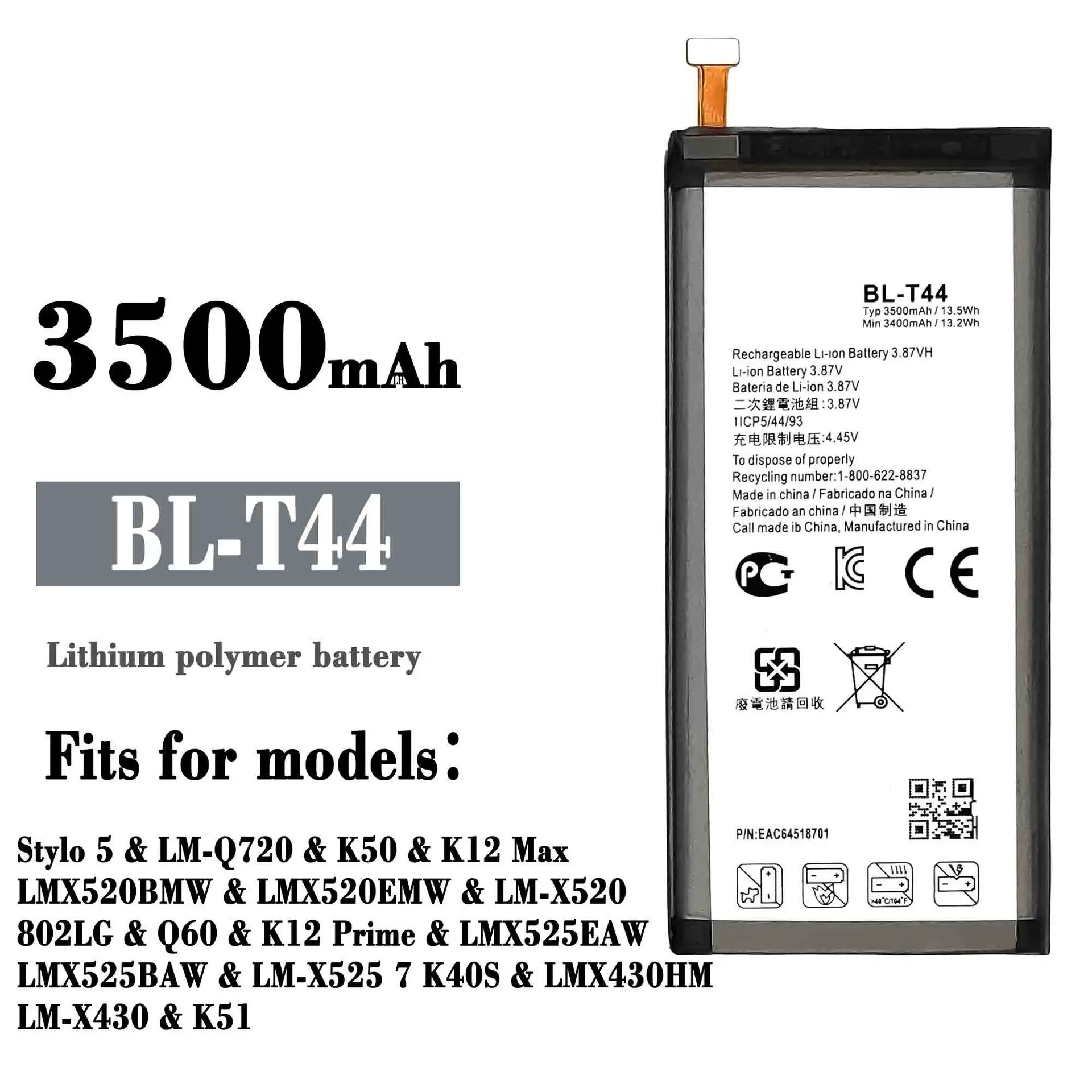 

High Quality Replacement Battery For LG Stylo 5 K50 Q60 K40S K51 BL-T44 Large Capacity Built-in Mobile Phone Battery