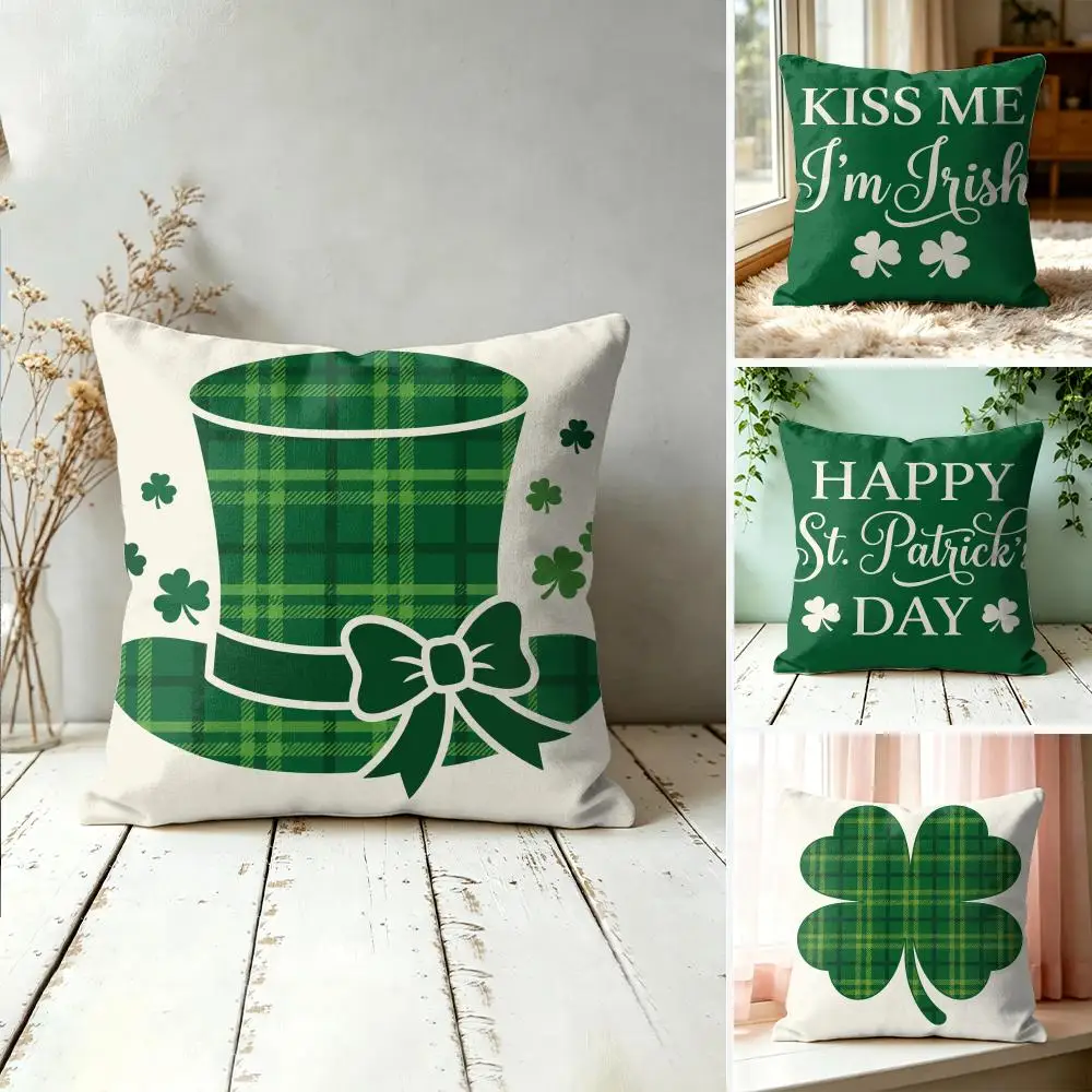 Green Shamrock Holiday Graphics Cushion Cover Silky Short Plush Invisible Zipper Dustproof Sofa Pillow Case For Home Decor