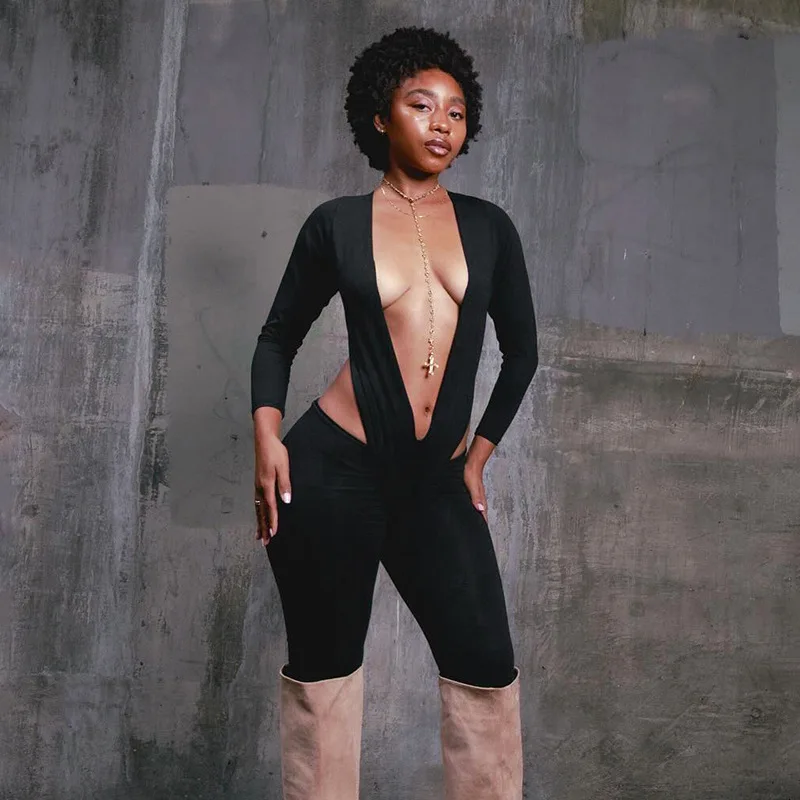 

Peach Hip Skinny Jumpsuits Women Sexy Deep V Neck Full Sleeve Backless Slim Night Club Overalls Fashion Streetwear Rompers