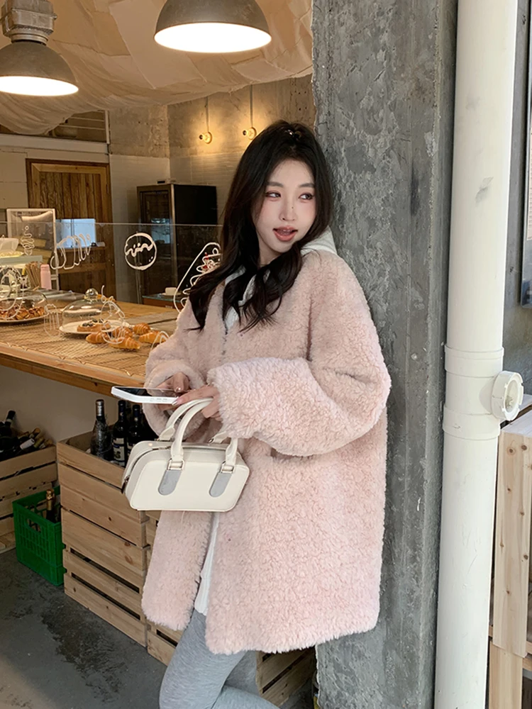 

Zoki Sweet Pink Faux Lamb Coat Women Vintage Cute Long Sleeve Hooded Jacket Korean Winter Warm Female Loose Casual Pockets Tops