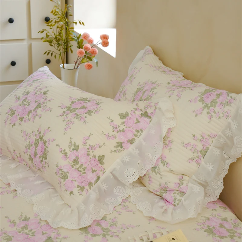 French Pastoral Floral Pure Cotton Quilted Bed Cover Bedding Set Korean Lace Ruffles Duvet Cover Bedspread Bed Sheet Pillowcases