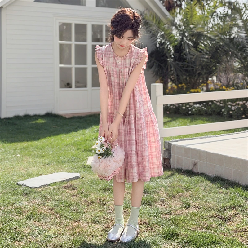 Girls Dress Summer Sweet Cute Pink Plaid Sleeveless Dress A Line Children Clothes 2026 Garden Versatile Loose Comfortable 6
