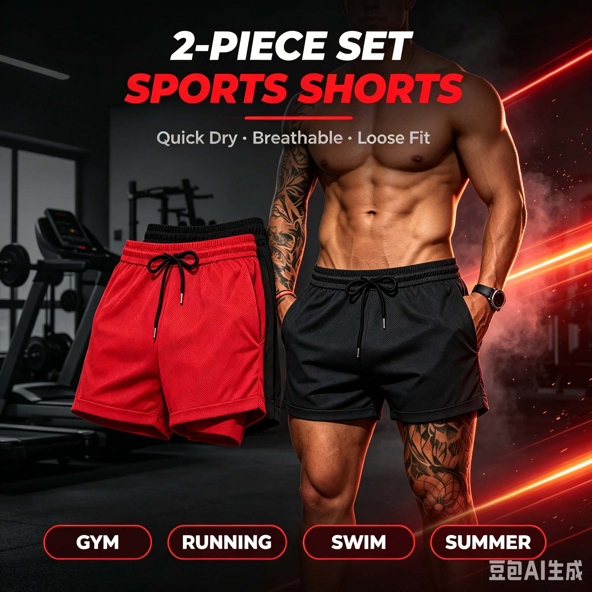 Men Sports Shorts Set Summer Quick Dry Breathable Loose Fit 2 Piece Outfit Gym Fitness Running Swimwear
