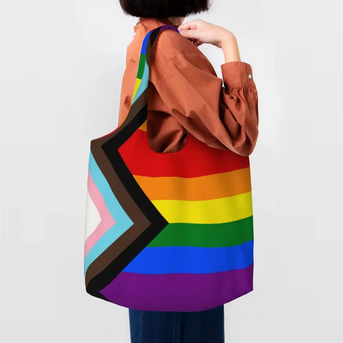 Printed LGBT Progress Pride Flag Shopping Tote Bag Recycling Canvas Shopper Shoulder Gay Pride Bags Photography Handbags Gifts