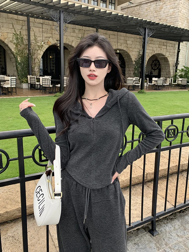 

Fall Hoodie Set 2023 New Drawstring And Hooded Women Sports Slim Zipper Long Sleeve Hoodie High Waist Vertical Casual Pants Set