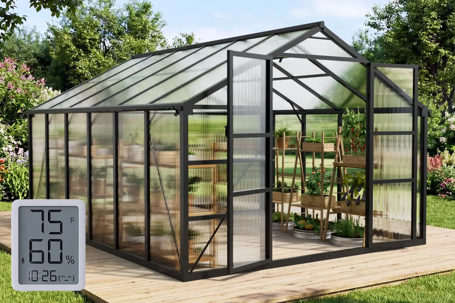 

10x12FT Green Houses for Outside with Hygrometer, Double-Door Polycarbonate Greenhouse with Drainage Channel, Large, Customized