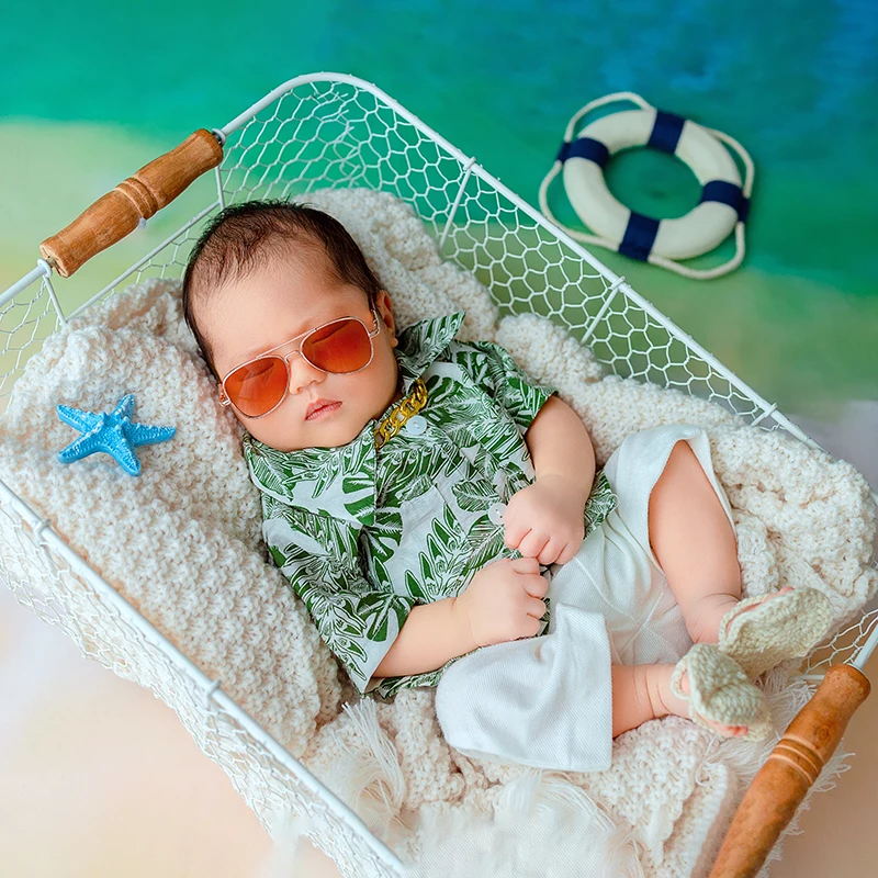 Newborn Photography Props Beachwear Baby Boy Summer Outfit 100 Days Photo Clothing Props Hawaii Style Printing Shirt Clothing