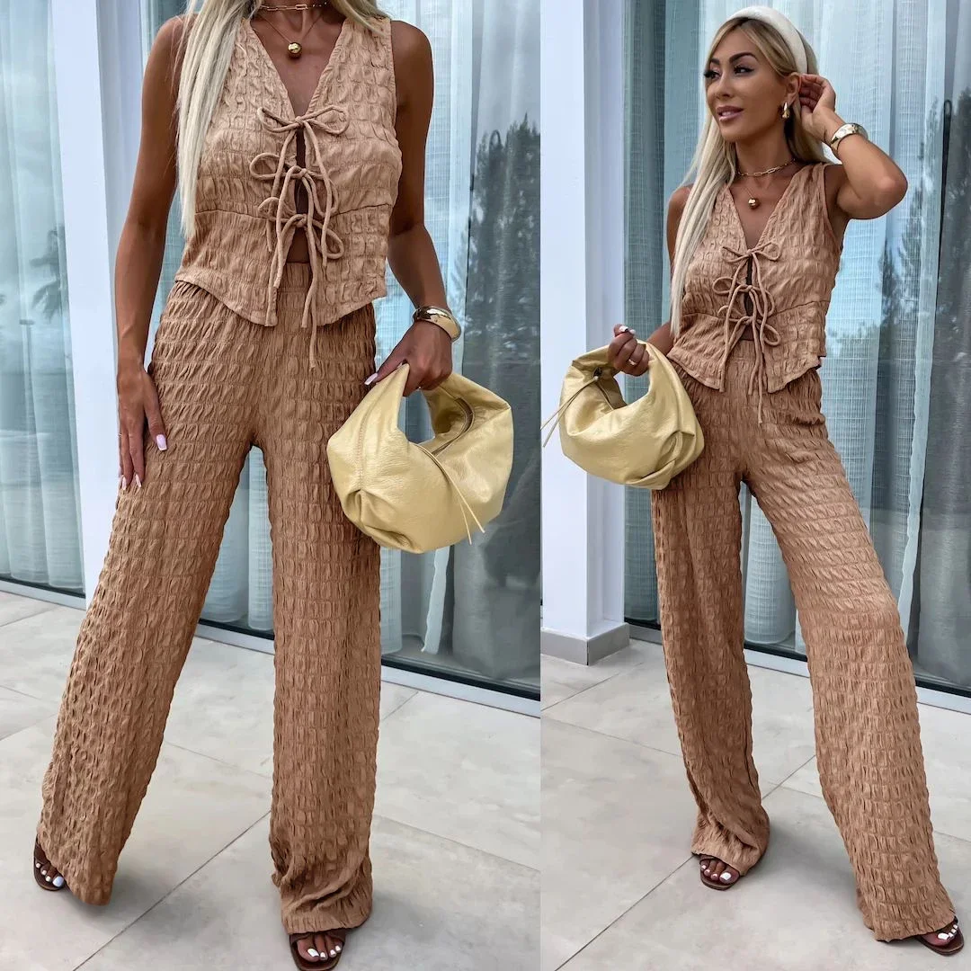 

Fashion Long Pants Suit Summer Casual Solid Color Sleeveless V-Neck Tie Top And Straight-Leg Trousers Two Piece Sets For Women