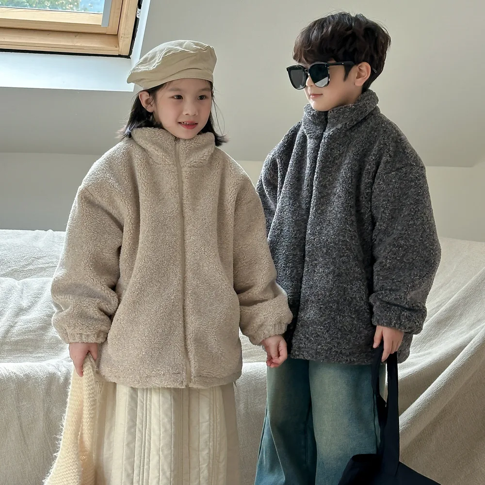 

Girls Coat 2024 Winter New Childrens Wear Korean Style Boys and Girls Solid Color Stand Collar Thick Zipper Warm Coat Casual