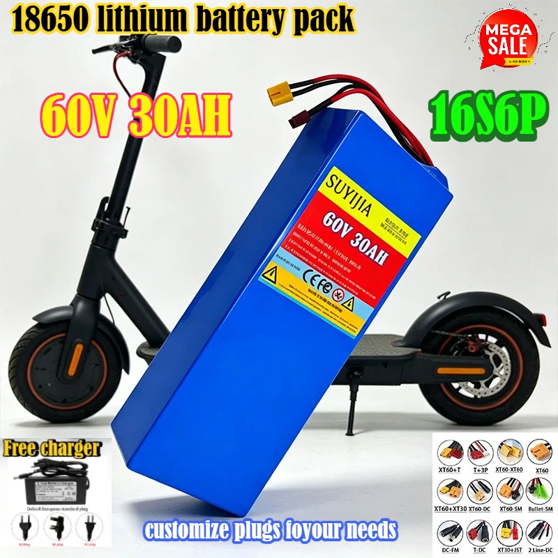 18650 Lithium Battery Pack 16S6P 60V High Power 30Ah 0-3000W High Power Built-in BMS Suitable for Electric Bicycles and Scooters