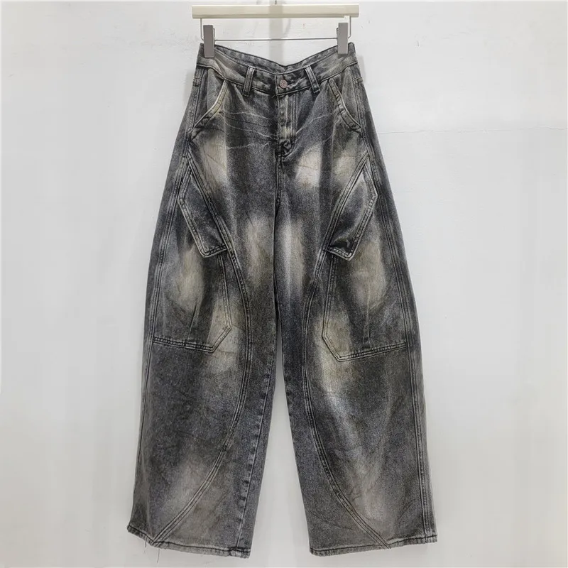 WTHT Vintage Summer 2026 Women Graffiti Print Cargo Denim Pants Slant Flap Pocket Design Washed High-waist Jeans Female 1LS3105