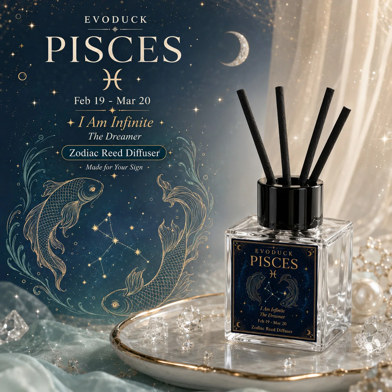EVODUCK Pisces Zodiac Reed Diffuser 50ml With Clear Crystal, Sea Salt Orchid Scent, 4 Reeds Home Fragrance Birthday Gift Decor