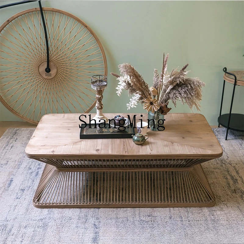 

FG handmade hollowed out retro old square bamboo woven coffee table B & B living room square table