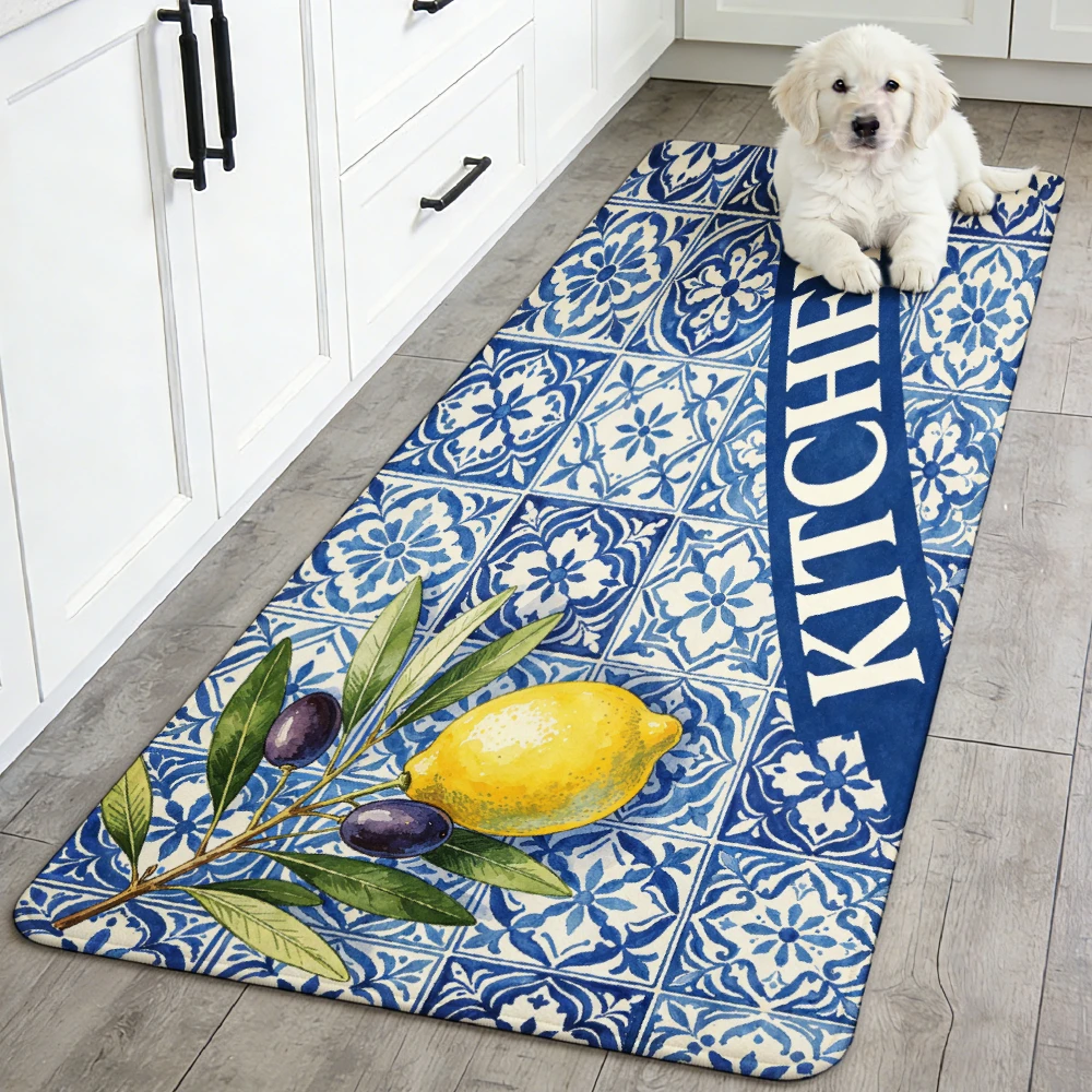 Mediterranean Blue Tile Lemon Olive Runner Mat Anti Slip Water Absorbent Rug Fresh Fruit Kitchen Decor Carpet for Bath Kitchen