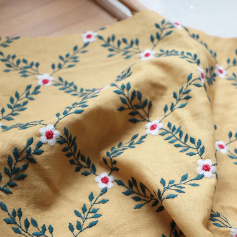 Fabric Width 50x120cm Turmeric Cotton Linen Embroidery Plant Flower Pastoral Decorative Cover Cloth DIY Shirt Dress Ins Style1PC