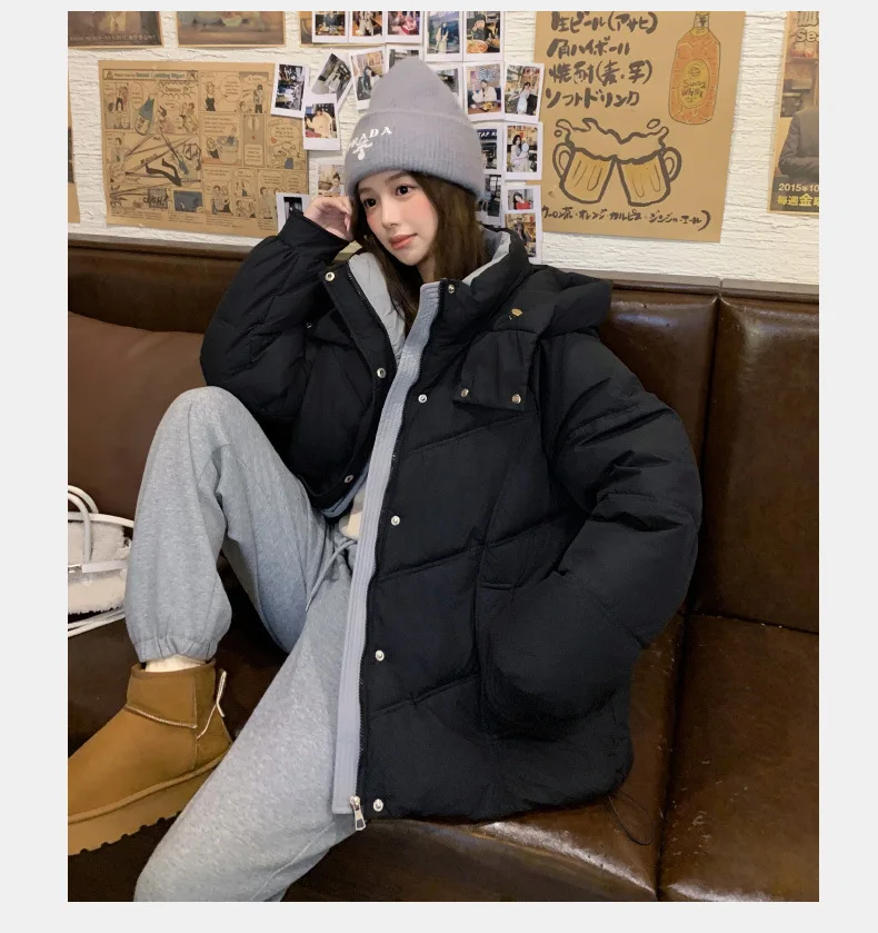 

2025 Winter Solid Hooded Coat Women Korean Pocket Long Sleeve Jacket Lady Loose Pockets Zipper Thick Warm Outwear