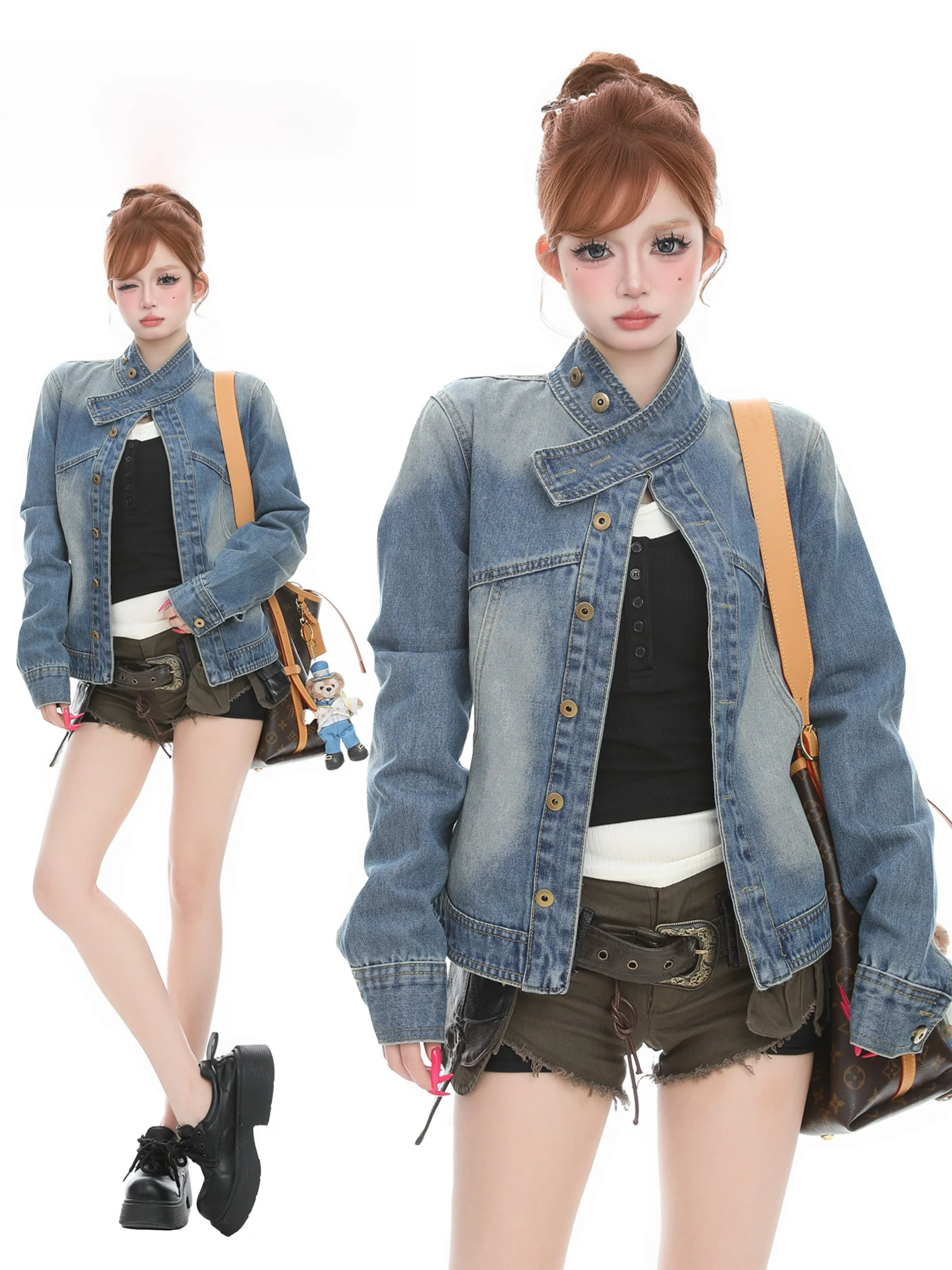 BASTERDS Retro American Stand Collar Denim Jacket Women's Spring New Belt Design Spicy Girl Versatile Outerwear Cotton Blend