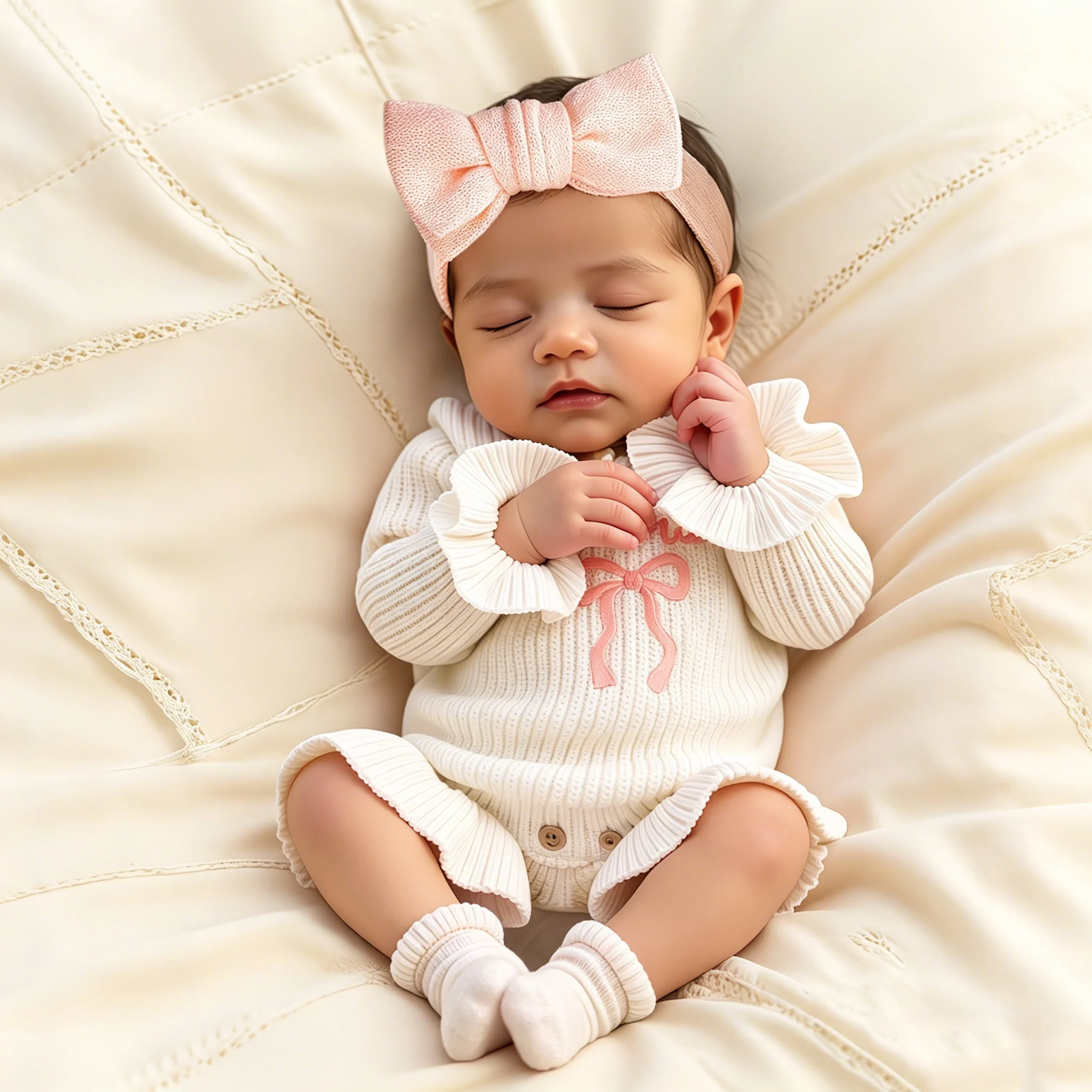 2Pcs Set Knitted Newborn Photography Outfits with Bow Headband Bow Embroidery Baby Girl Ruffle Romper Infant Knitting Sweater